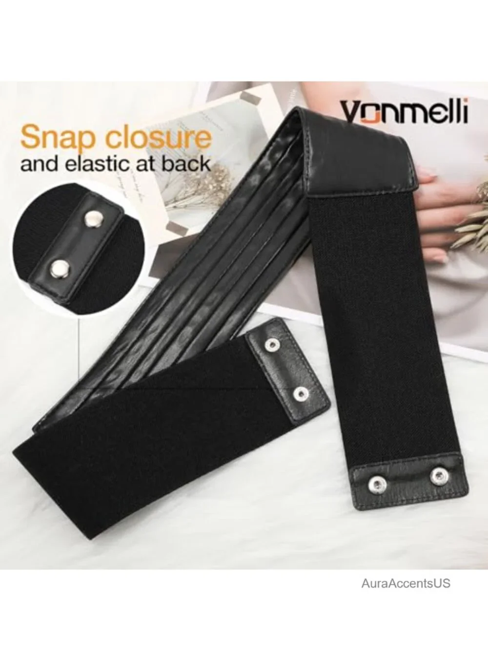 Wide Elastic Belt for Women - Stretchy Faux Leather Waist Belt with Snap Buttons